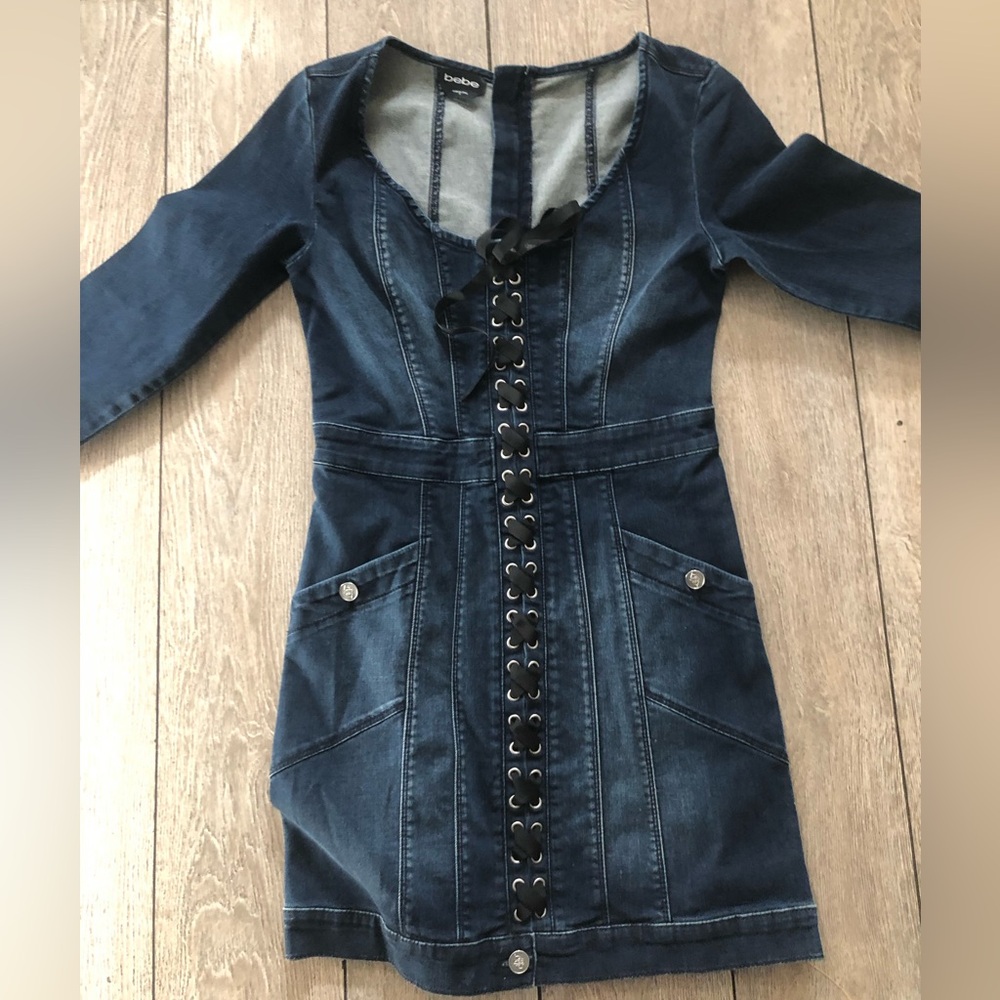 bebe Dark Blue Denim Lace-Up Mini Dress